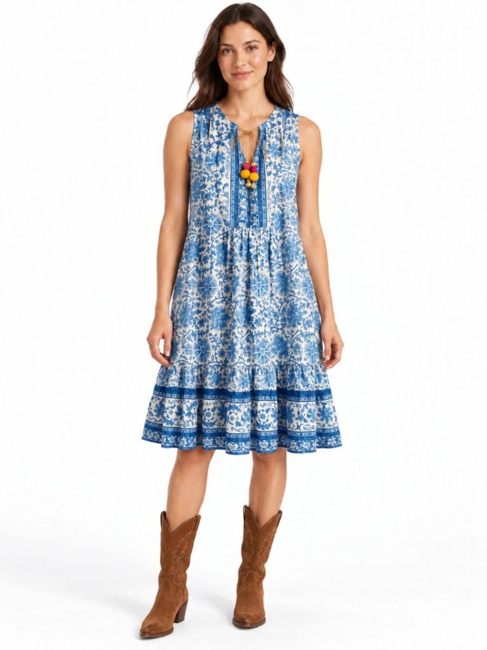 BELL by Alicia Bell Blue White Floral Cotton Silk Sleeveless Tiered Dress Size M